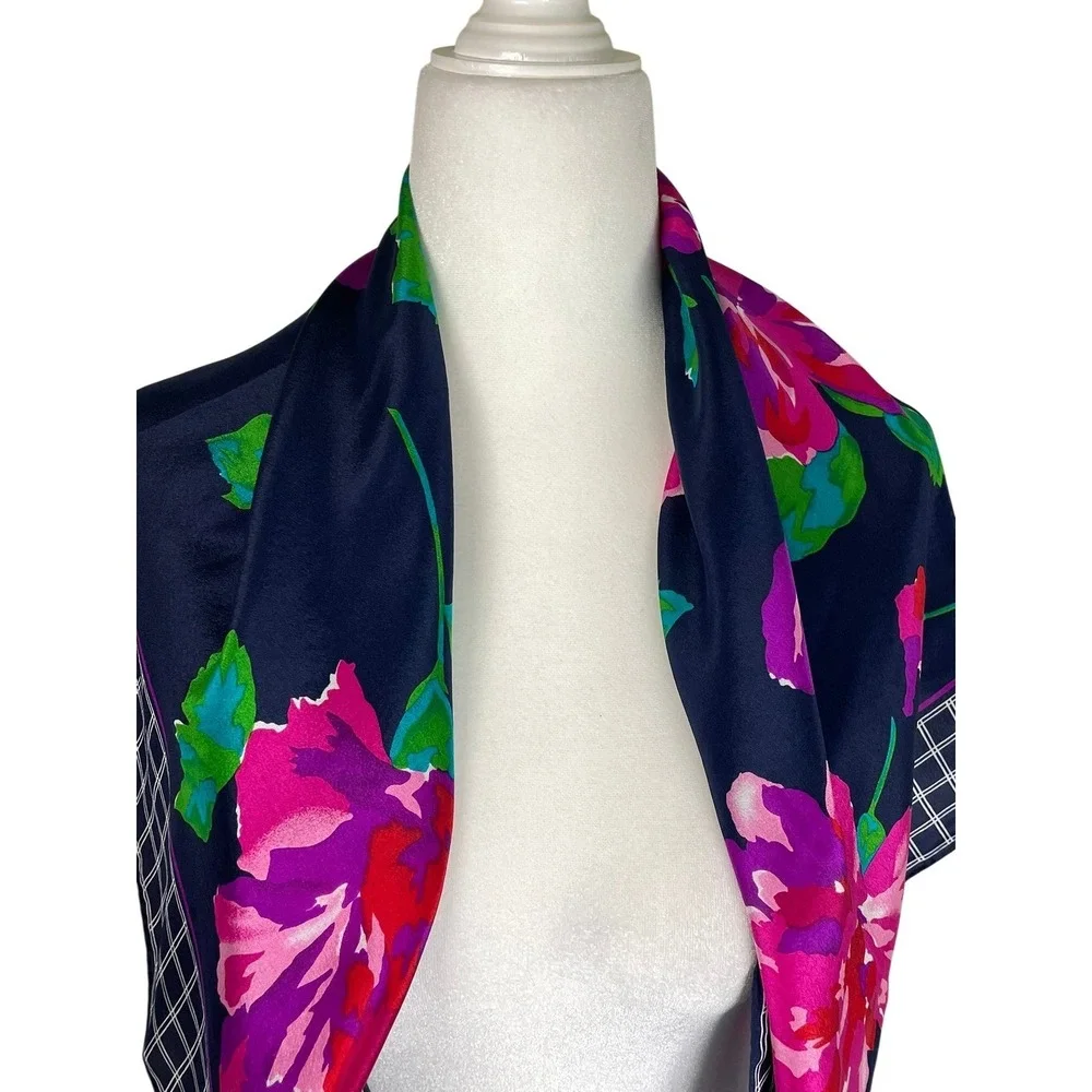 Liz Claiborne Vintage 100% Silk Scarf Navy Blue Pink Floral Windowpane Japan 31